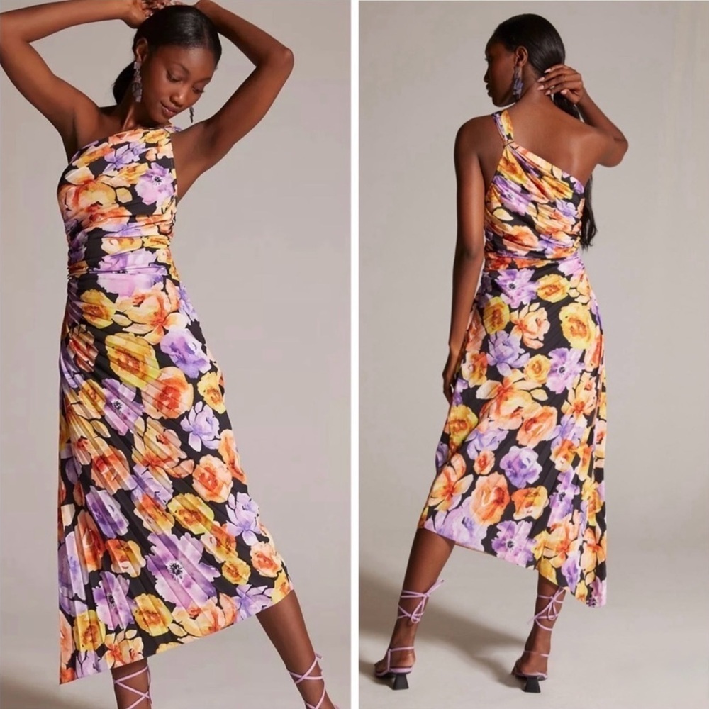 Anthropologie Womens Geisha Designs Midi Dress Asymmetric Hem Pleated Floral NEW